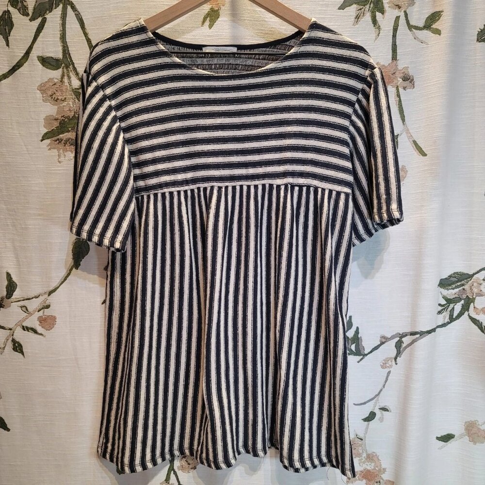 Zara Trafaluc Women's Navy Blue Striped Empire Waist Short Sleeve Tunic Sz. M